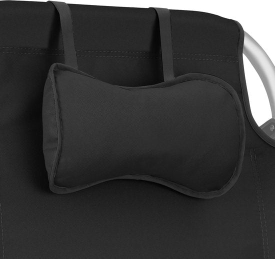tectake® Beach Chair Coral - faltbarer Campingstuhl mit Kühltasche und Aufbewahrungstasche - 5-fach verstellbare Rückenlehne mit Kopfkissen - breite Armlehnen mit Becherhalter / Telefonhalter - faltbarer Campingstuhl - Schwarz