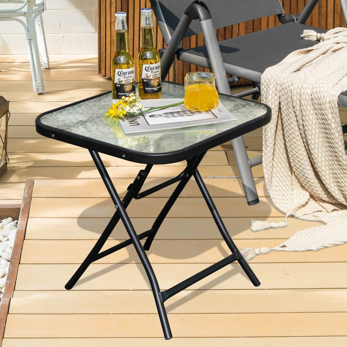 Coast Terrace Beistelltisch quadratischer Glastisch mit Edelstahlgestell klappbarer Couchtisch schwarz