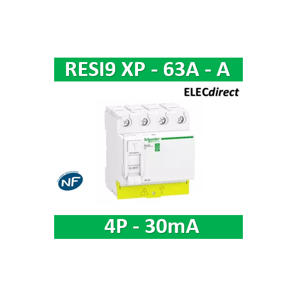 SCHNEIDER Resi9 XP Differenzialschalter 4-polig 63A 30mA Typ A - Steckbar - 72x82x78,5 mm - Weiß