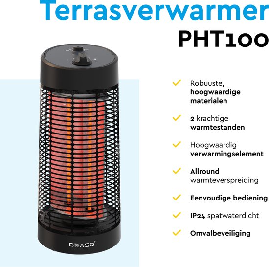 BRASQ Elektrischer Terrassenheizer - 1200 Watt - 2 Heizstufen - Mit Schwenkfunktion - Infrarotheizung - Spritzwassergeschützt - Schwarz