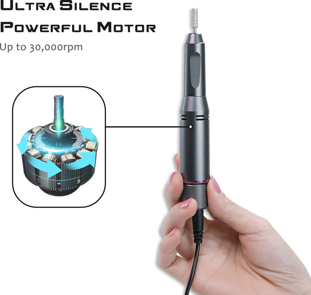 Fuegobird Elektrische Nagelfeile - Professionelle Maniküre & Pediküre Set - Kabellos - 30,000 RPM - 15 x 3.5 cm - Grau