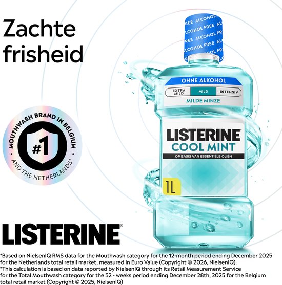 Listerine Cool Mint Mild Mundspülung, mit ätherischen Ölen, gegen Mundgeruch und Zahnbelag, milder Minzgeschmack, 1 l
