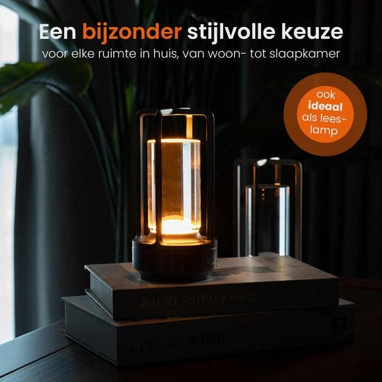 Goliving Tischlampe Wiederaufladbar - Laterne - Kabellos und dimmbar - Moderne Berührungslampe - Nachtlampe für das Schlafzimmer - 17,5 cm - Schwarz