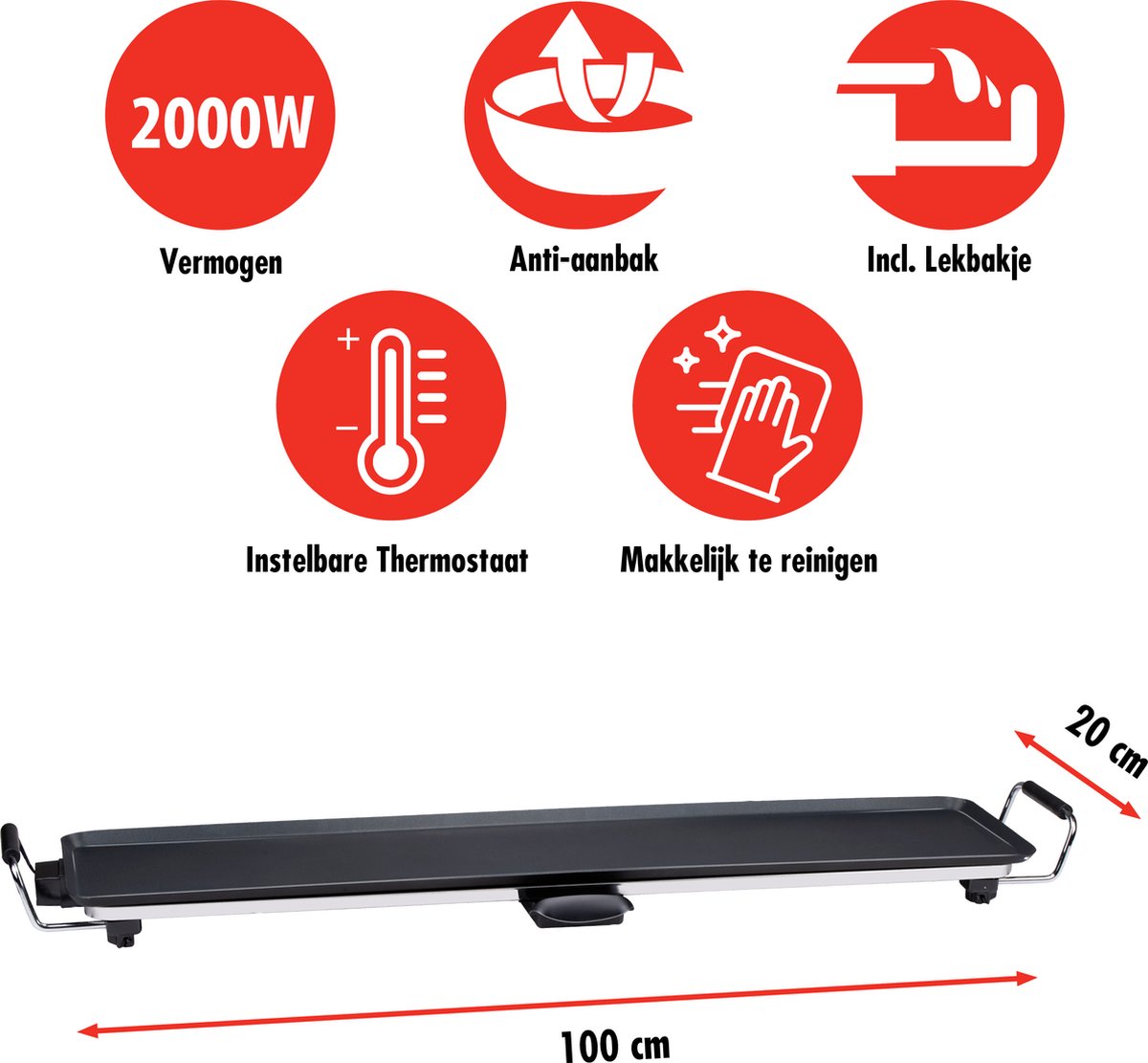 alpina Teppanyaki Griddle XXL - Griddle - 100x20cm - 2000W - Einstellbarer Thermostat - Antihaftbeschichtung - Schwarz