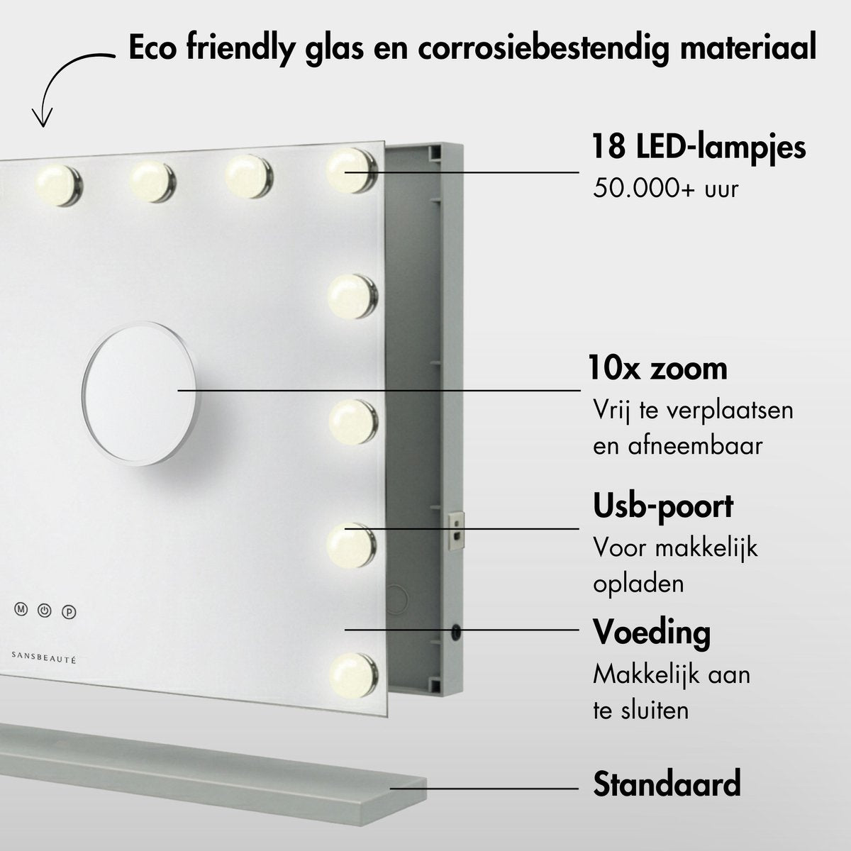 Sansbeauté® Hollywood Mirror 58x43 cm - Make-up-Spiegel - 15 LED-Lampen - 10-fache Vergrößerung - dimmbar - USB-Ladeanschluss - Touch Control - Schwarz