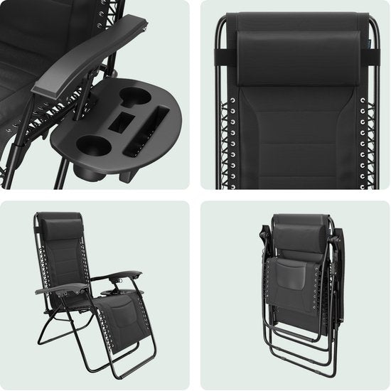 LifeGoods Lounger Comfort - klappbar - 30°-90° verstellbar - Tassen- und Telefonhalter - Gartenstuhl - Schwarz