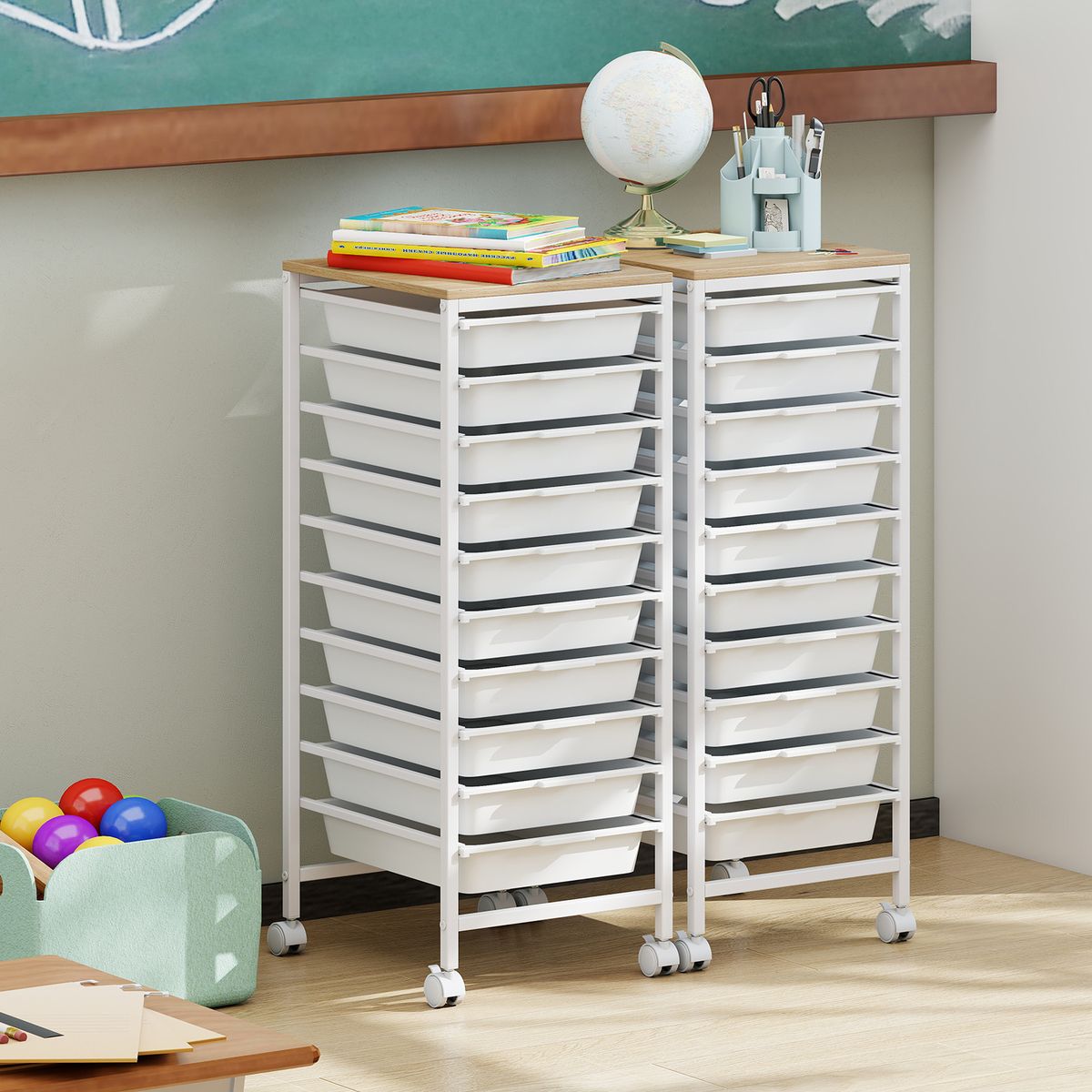 Coast Rollcontainer mit 10 Schubladen – stabiler Metallrahmen – Holzplatte – weiß – 37 x 32,5 x 85 cm