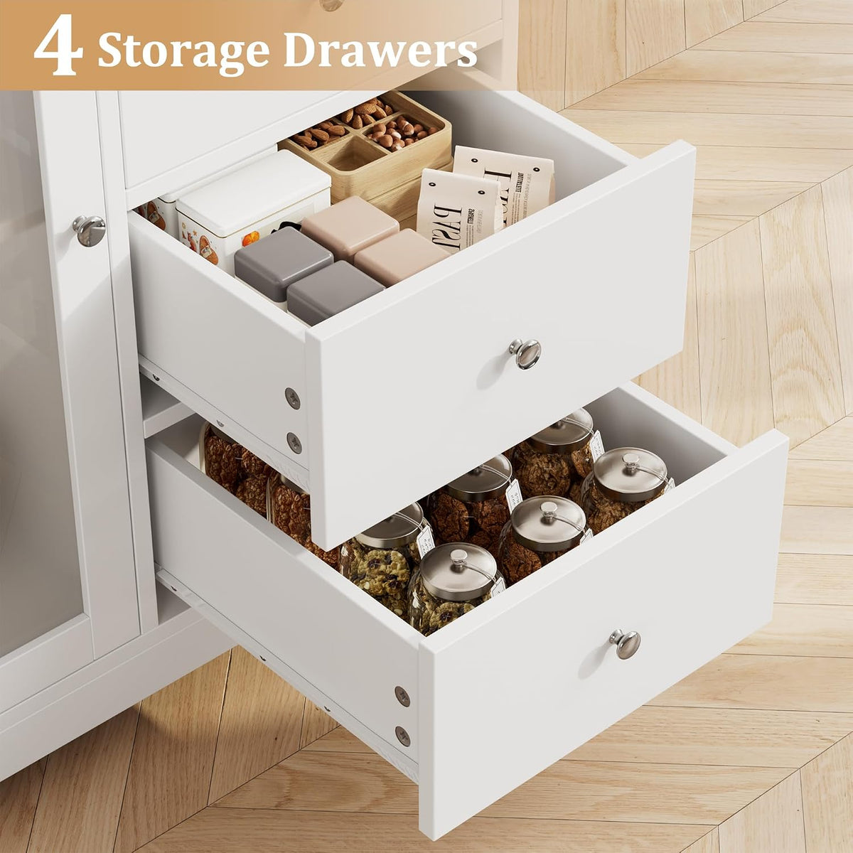 Hoher Küchenschrank mit Arbeitsplatte – 4 Schubladen und 3 Glastüren – 60 cm breit – Weiß