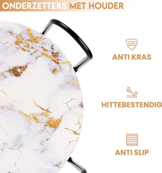 Castagnola Keramik Untersetzer mit Halter - Untersetzer für Gläser - Untersetzer Design - Untersetzer Set - Untersetzer zum Trinken - Keramik - Kork - 6er Set - Weiß/Gold