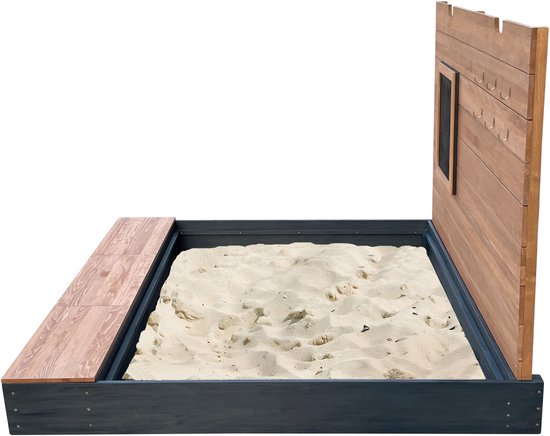 AXI Mandy Sandkasten XXL mit Stauraum und Deckel – mit Bank und Kreidetafel – inklusive Bodenplane – 160 x 151 cm – Anthrazit/Braun