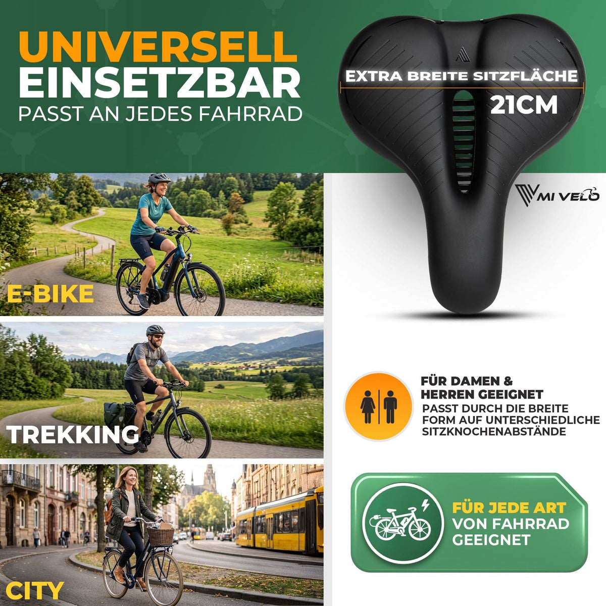 como Fahrradsattel mit Federung – Extra breit, komfortabel – Unisex – Für E-Bikes und Citybikes