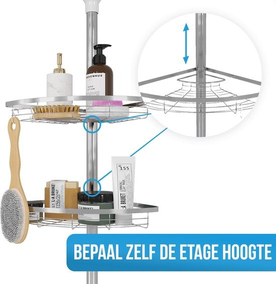 Strex - Teleskop Duschablage - rostfreier Stahl - 70-275 cm - 4 Körbe - ohne Bohren oder Schrauben - Silber