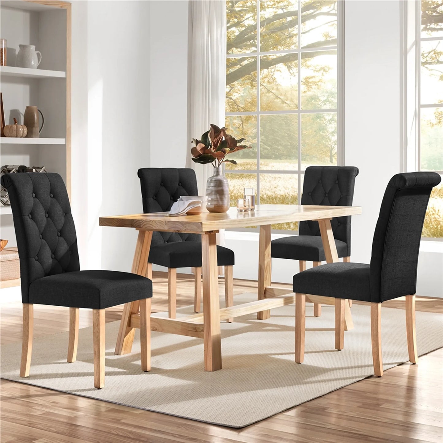 Yaheetech Esszimmerstuhl mit hoher Rückenlehne 2 Stück - Mit gepolsterter Rückenlehne und massiven Eichenbeinen und verstellbaren Schutzbeinen - Für Küche und Restaurant - Schwarzes Polyester und Eiche - 45,5 x 62 x 98,5 cm