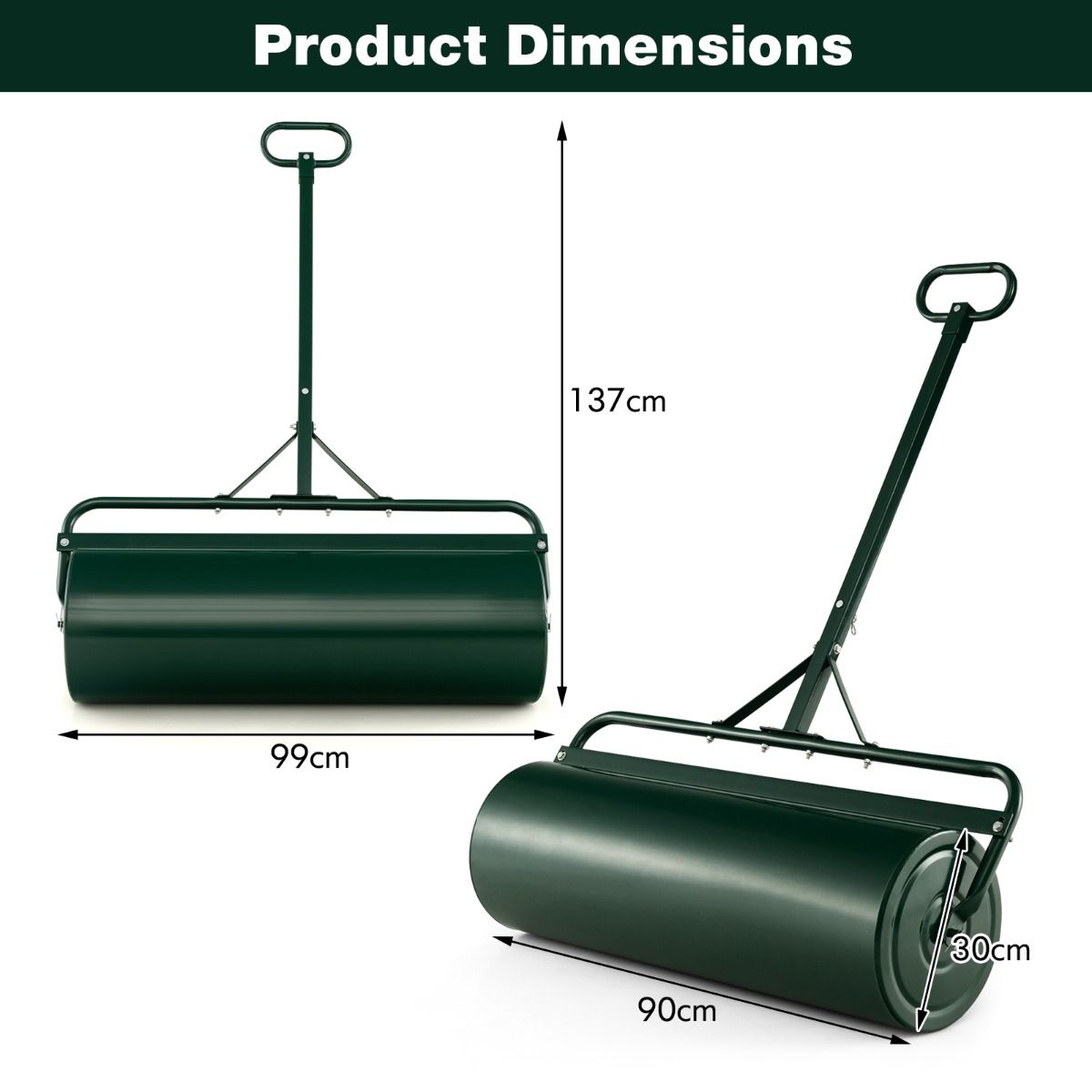 Coast Metall-Garten-Rasenwalze 63L - 99 x 30 x 137 cm - Grün - Abnehmbarer Griff & Traktor-Kupplung