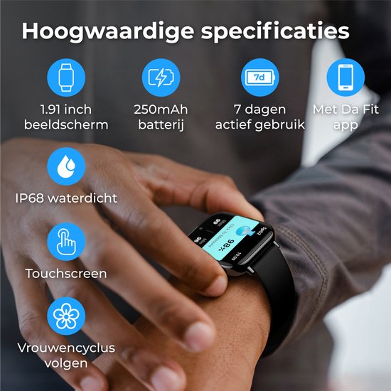 Nuvance - Smartwatch für Männer und Frauen mit Bluetooth - IP68 Wasserdicht - Geeignet für alle Smartphones - Schrittzähler und Herzfrequenzmesser - Schwarz