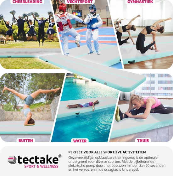 Tectake - Airtrack Matte - Aufblasbare Gymnastikmatte Air Flexy -Weichbodenmatte - Inkl. elektrischer Luftpumpe und Tragetasche - Größe 397 x 104 x 10 cm - türkis/grau