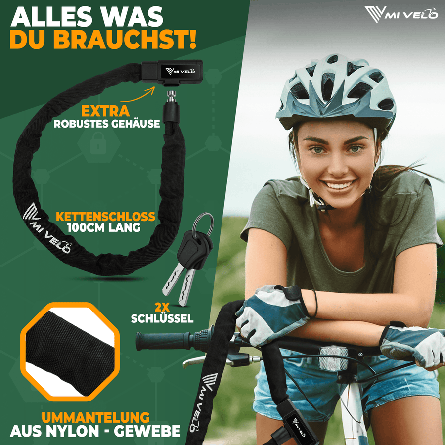 Mi Velo Kettenschloss - gehärteter Stahl & Staubschutz - 100 cm - Schwarz