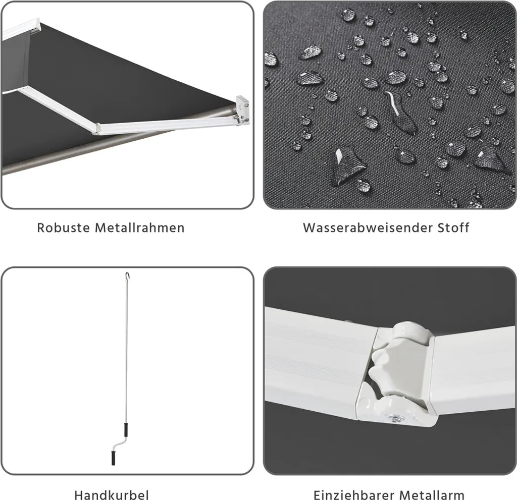 Yaheetech Gelenkarmmarkise 300 × 250 cm - Dunkelgrau - Manuelles Sonnensegel mit Kurbel und verstellbarem Winkel 5-35°