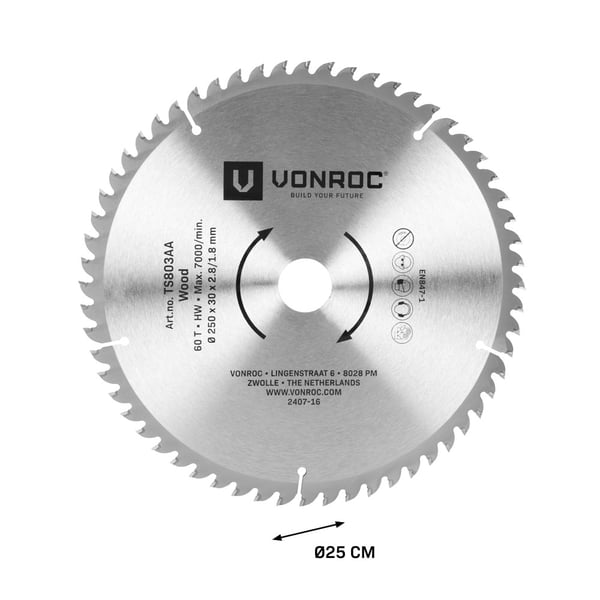 VONROC-Sägeblatt 60T Ø250 x 30 x 2,8/1,8 mm – Für Holz- und Tischsägen