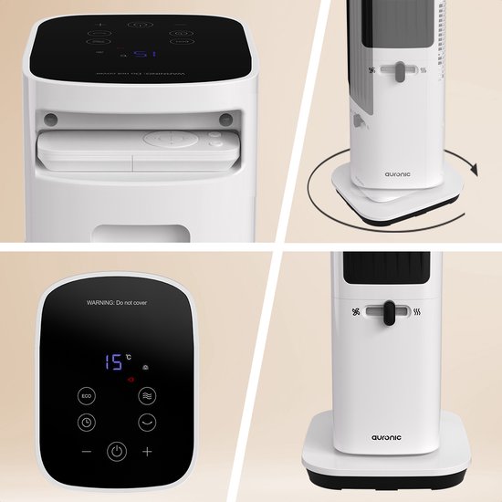 Auronic Turmheizlüfter - Keramik-Heizlüfter - Touchscreen & Fernbedienung - 2200W Heizleistung - Weiß