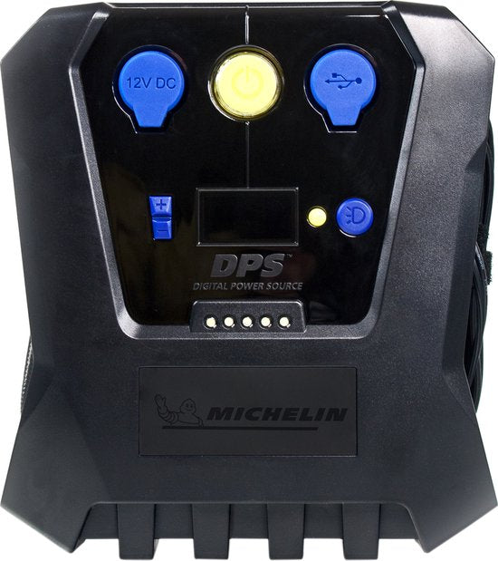 Michelin Compressor Luftpumpe 12 V – Einstellbarer Luftdruck (0,05–7 bar) – Mit USB-Anschluss – Elektrische Luftpumpe – Fahrrad/Auto/Motorrad/Ball/Luftmatratze – Mit verschiedenen Düsen