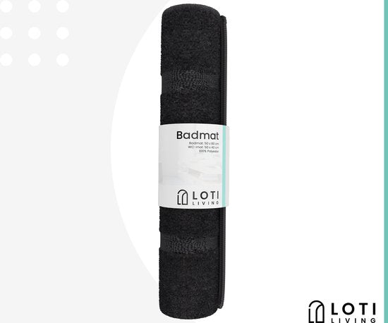 Loti Living Bademattenset mit Toilettenvorleger Anti-Rutsch - Duschvorleger - Badezimmervorleger - Bodenvorleger - Bademattenset Toilettenvorleger - Bademattenset Anti-Rutsch - Schwarz - 50x80 cm + 50x40 cm