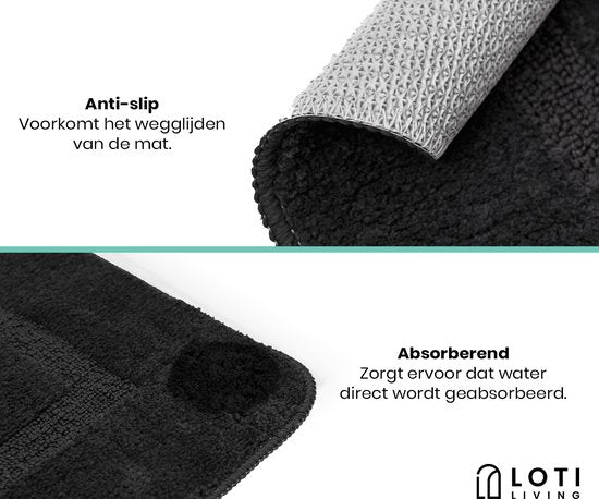 Loti Living Bademattenset mit Toilettenvorleger Anti-Rutsch - Duschvorleger - Badezimmervorleger - Bodenvorleger - Bademattenset Toilettenvorleger - Bademattenset Anti-Rutsch - Schwarz - 50x80 cm + 50x40 cm