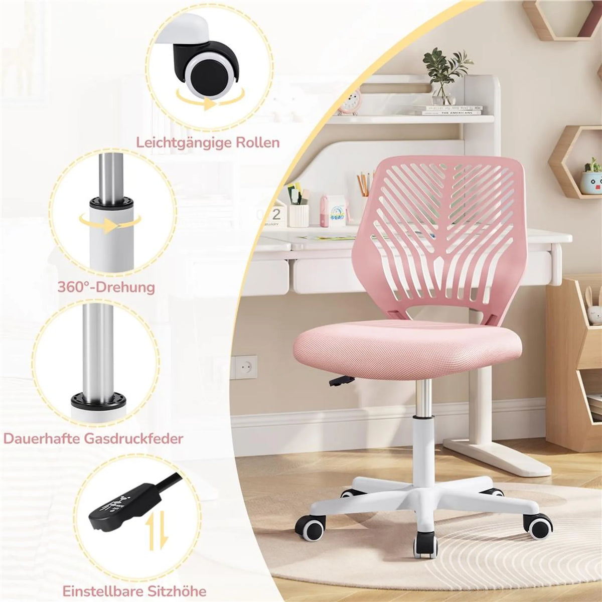 Bürostuhl ohne Armlehnen, höhenverstellbar und um 360° drehbar, hellrosa