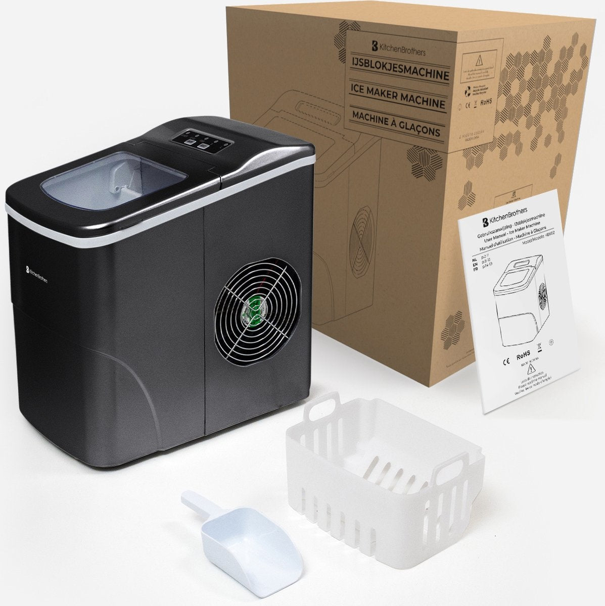 KitchenBrothers Eiswürfelbereiter - 2 Liter - mit Eisportionierer - Schwarz