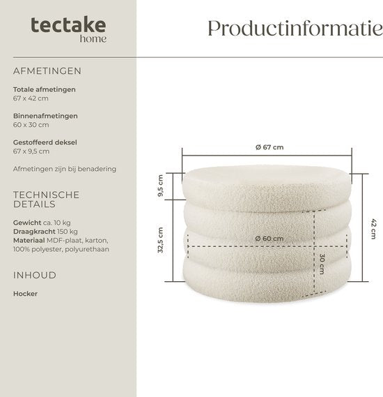 tectake - Fußhocker Altu XL - Bouclé-Sitzhocker mit Ablage - Cremeweiß, Ø 67 x 42 cm - Stabiler MDF-Rahmen - Max. 150 kg