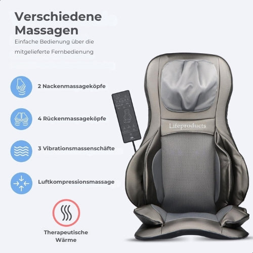 Lifeproducts - Shiatsu-Massagesitz - mit Nacken-, Rücken- und Oberschenkelmassage - einstellbare Wärmefunktion - Schwarz