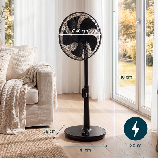 Princess DC Standventilator – besonders leise – ⌀40 cm – 24 Geschwindigkeitsstufen – Höhenverstellbar – 4 Windmodi – 1–24-Stunden-Timer – 90°-Oszillation – Mit Fernbedienung – 354860