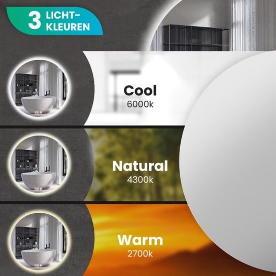 Mirlux Badezimmerspiegel mit LED-Beleuchtung & Heizung - Wandspiegel rund - Anti-Kondensations-Duschspiegel - 80CM