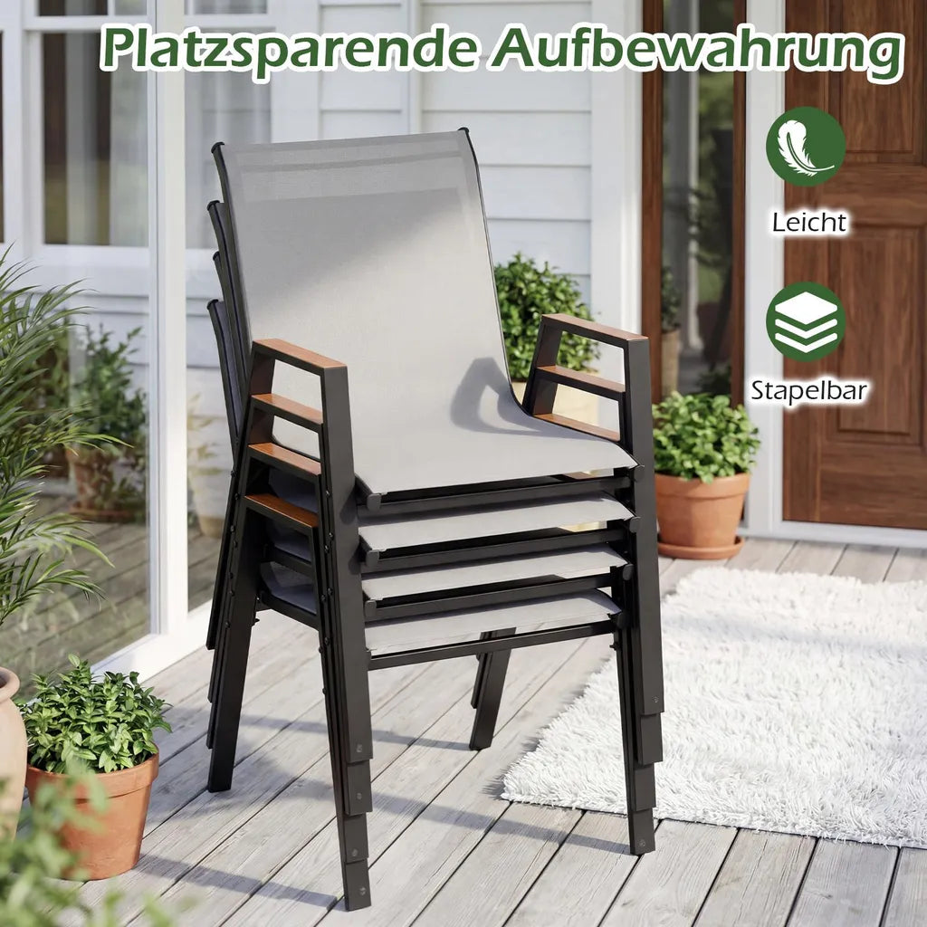 Coast Stapelbares Gartenstuhl-Set, 4er-Set – Balkonstühle mit Armlehnen, 56 x 66 x 88 cm – Grau