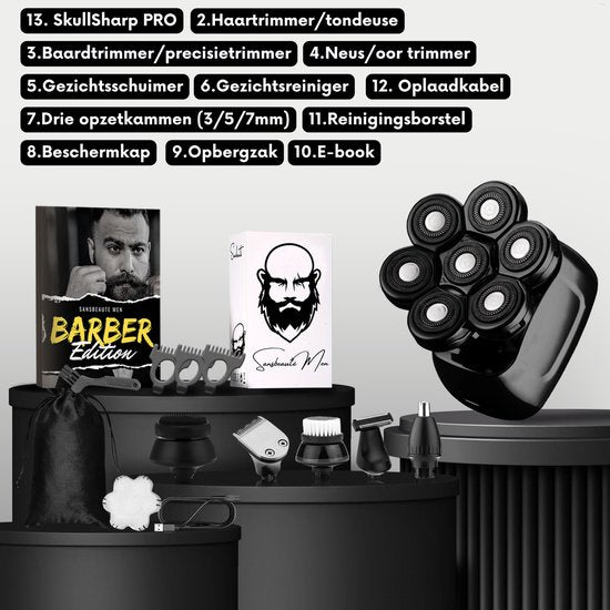 Sansbeauté® Skull Sharp PRO 6-in-1 Herrenrasierer - Nass & Trocken - Gesichts- und Kopfrasierer - Kabelloses Aufladen - Inkl. Aufsätze