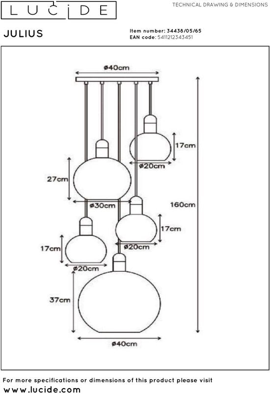 Lucide JULIUS – Hängeleuchte – 5xE27 – Fumé