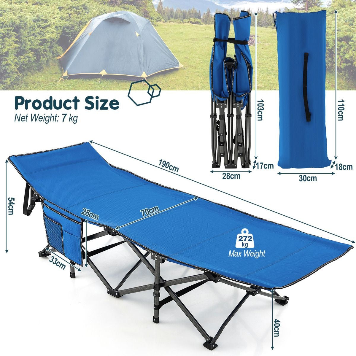 Coast Campingbett - mit Seitentasche - faltbar - Reisestuhl - max 272 kg - blau