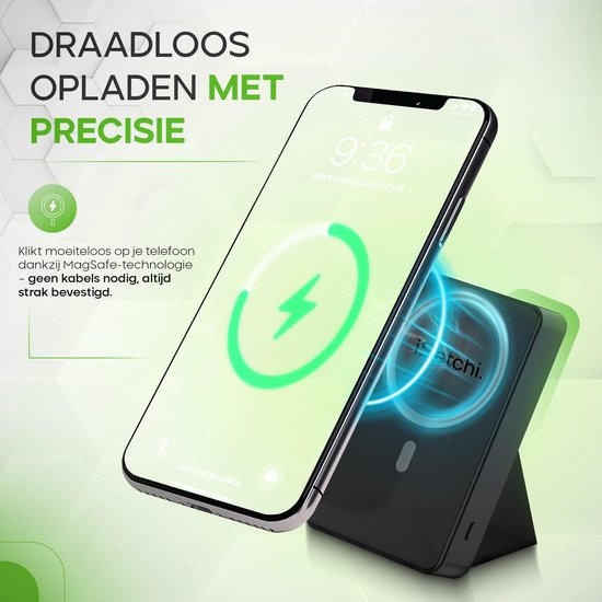 iSetchi MagSafe powerbank 12000 mAh - Kleine Größe - Magnetisch & kabellos - Externer Akku - Tragbares Ladegerät - Notfallpaket - Geeignet für Apple iPhone 12/13/14/15/16 - Schwarz