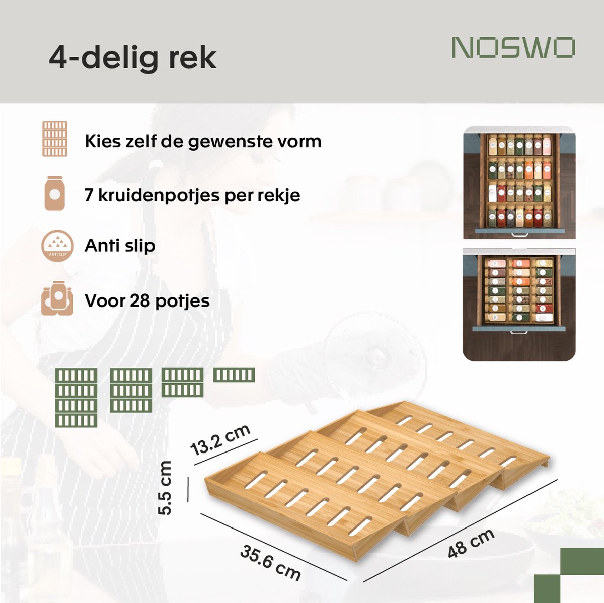 Noswo Gewürzregal Schublade - Mit 28 Gläsern - Komplettset - Quadratisch - Streudeckel und Etiketten - Gewürz-Organisator - Küchenschubladen-Organisator - Bambus