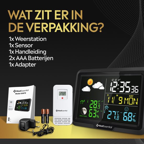 MostEssential Classic Edition Wetterstation – Plug-&-Play-Installation – Kabellos – Wetterstation mit Außensensor – Hygrometer – Innen und Außen – 100 Meter Reichweite – 1 Sensor