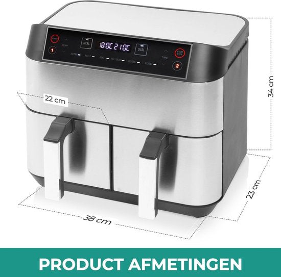 Niceey - Double Airfryer - XXL - Zwei Garräume - 8,0 Liter - 2460 Watt - Heißluftfritteuse - inkl. Kochbuch - Silber