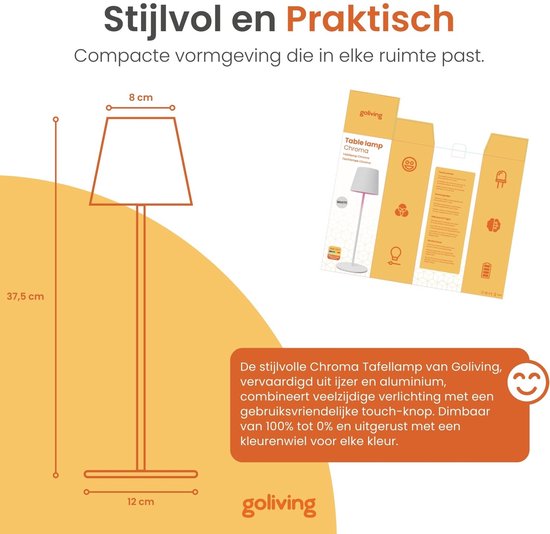 Goliving Chroma Tischlampe Wiederaufladbar - Kabellos und dimmbar - Touch Lampe - Nachtlampe Schlafzimmer & Wohnzimmer - RGBW - 37.5 cm - Weiß