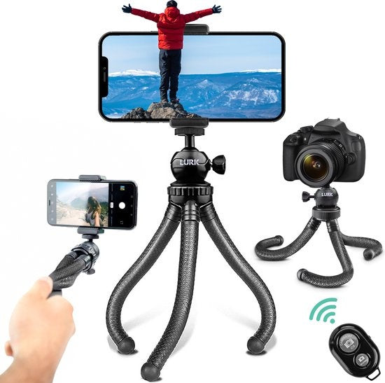 LURK® - 3 in 1 Flexibles Octopus-Stativ Stativ - für Smartphone & (Action-)Kamera - Inkl. Telefonklemme und Bluetooth-Fernbedienung - 25 cm