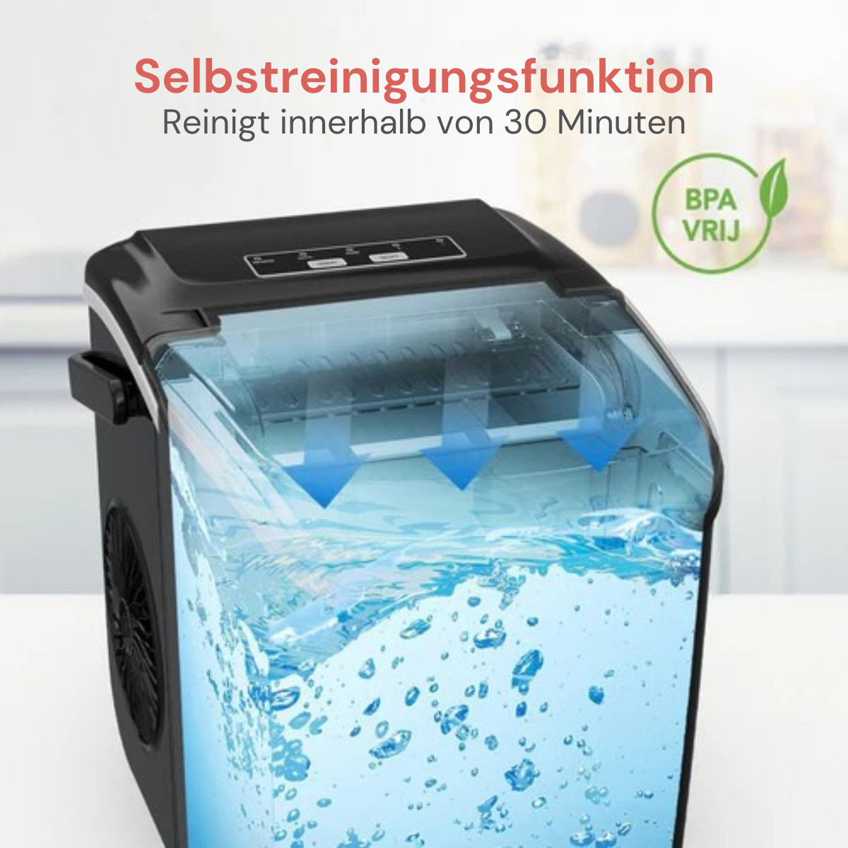 KitchenBrothers - Eiswürfelmaschine - mit Eisportionierer - Tragbar mit Handgriff - 1.2L - 7-10 min. - 12kg/24h - Schwarz
