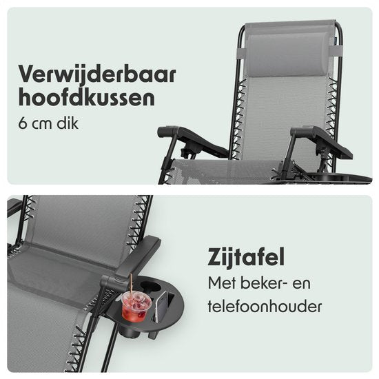 LifeGoods Liegestühle - klappbar - Komplettset - mit Beistelltisch - 30°-90° verstellbar - Gartenstühle - Metall - Grau