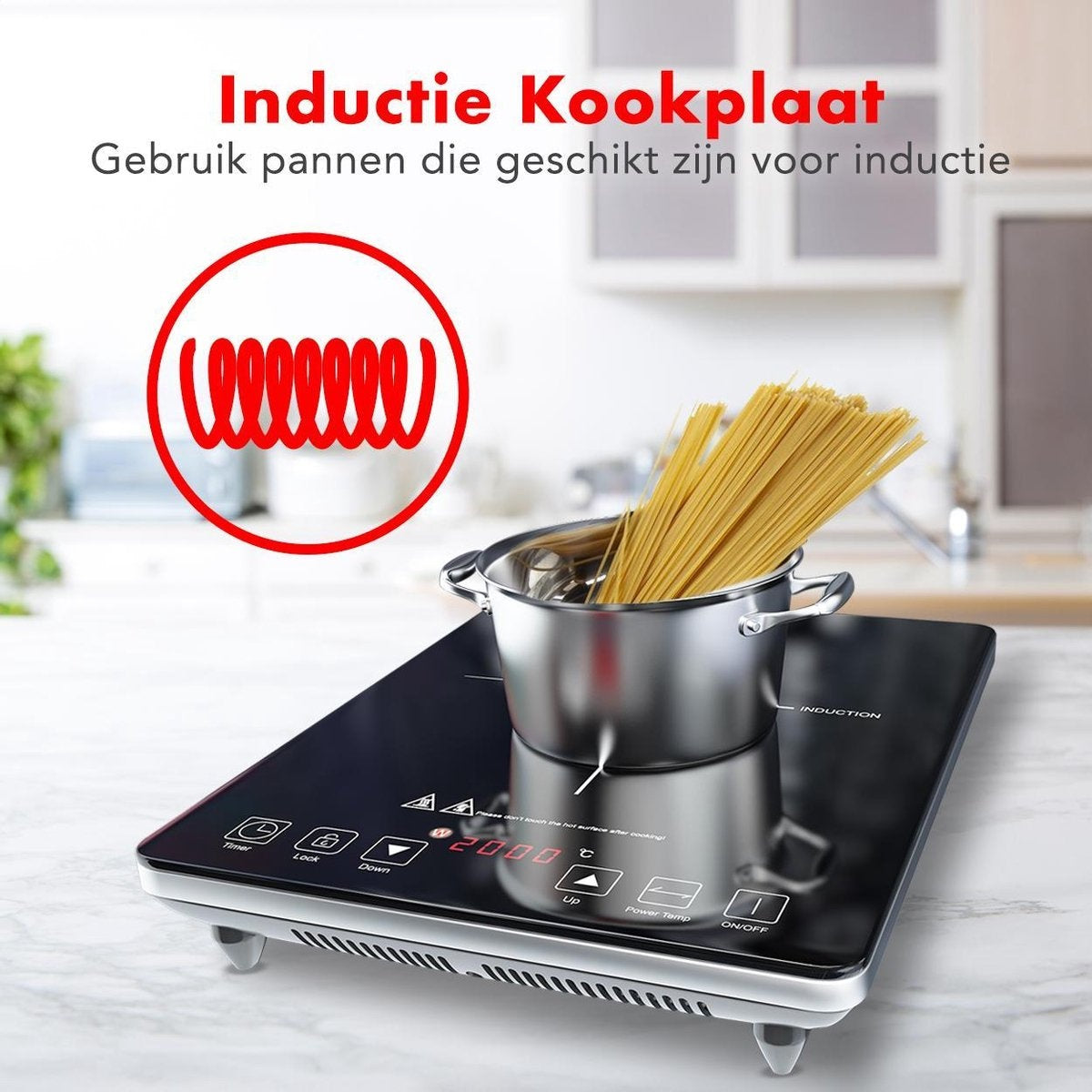 KitchenBrothers Induktionskochfeld - 1 Brenner - Freistehend - 2000W - Schwarz