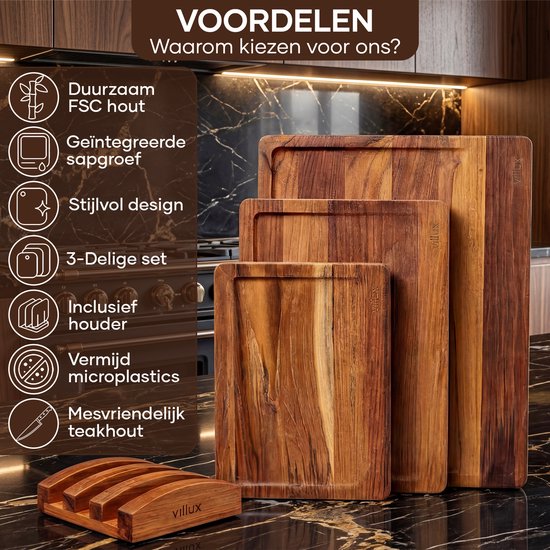 Villux Schneidebrett – Schneidebrett-Set mit Halterung – Schneidebrett aus Holz – Schneidebretter – Schneidebrett aus Teakholz – Holz-Schneidebrett – Schneidebrett-Set – Tapas-Brett - Snackbrett – Servierbrett – Häppchenbrett – Inklusive E-Book – 3 Stück