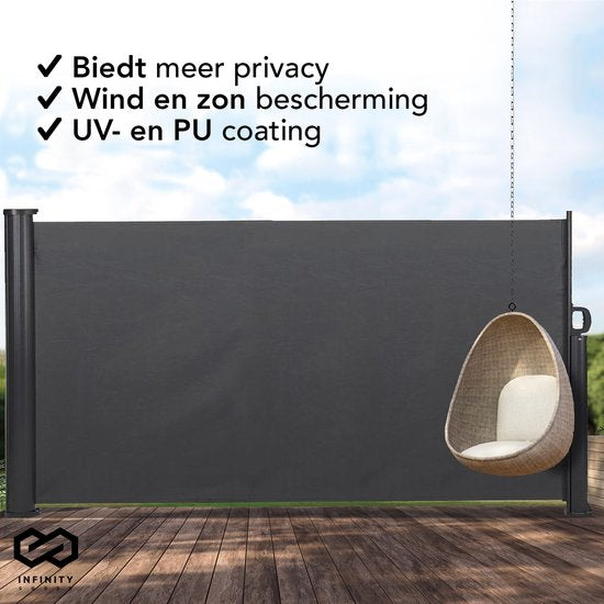 Infinity Goods - Ausziehbarer Windschutz - 300 x 140 cm - Ausziehbar - Einziehbar - Sonnenschutz - Garten, Strand, Terrasse, Balkon, Camping - Sichtschutz - Seitenmarkise - Wetterfest - Anthrazit