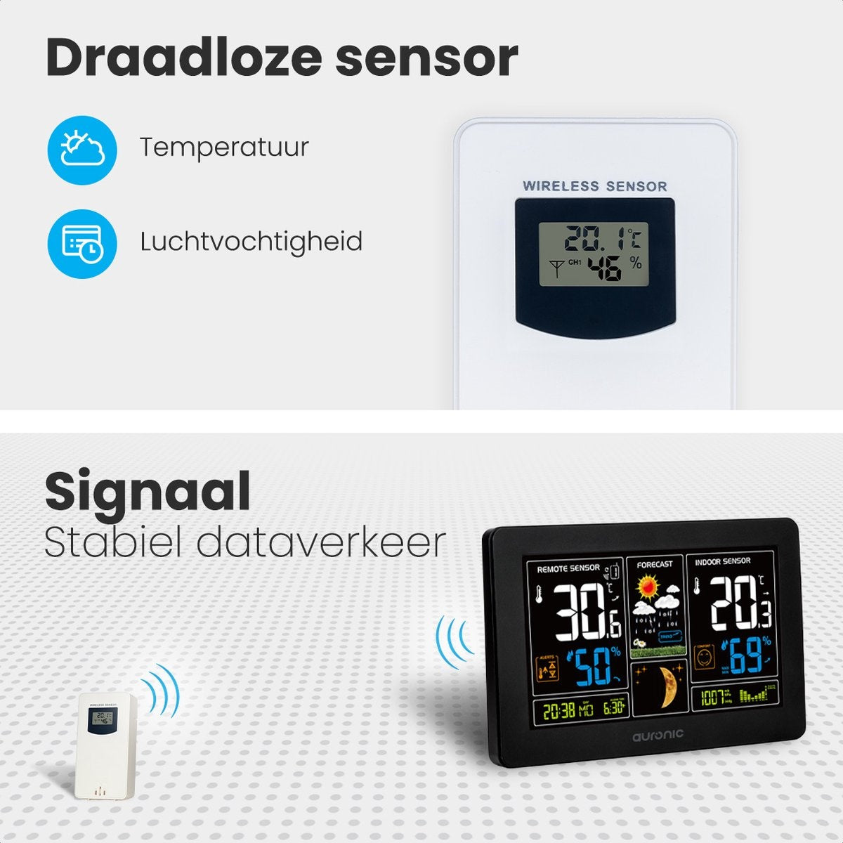 Auronic - Wetterstation - Funk mit Außensensor - Drahtlos - Innen/ Außen - 60M Reichweite - Schwarz