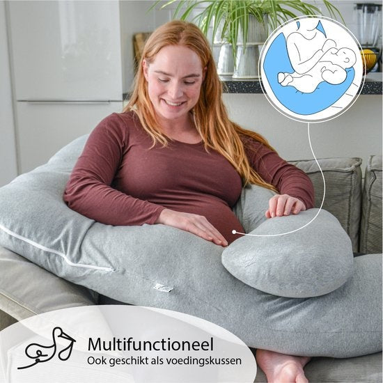 EL Life Umstandskissen XXL U-Shape - Stillkissen - Seidenschlafkissen - Körperkissen - abnehmbarer Jersey-Baumwollbezug - 140x80cm - Hellgrau
